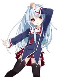 Rule 34 | 10s, 1girl, bad id, bad pixiv id, black thighhighs, blue hair, buttons, cube x cursed x curious, fear kubrick, food, long hair, looking at viewer, red eyes, school uniform, simple background, skirt, smile, soburi, solo, thighhighs, zettai ryouiki
