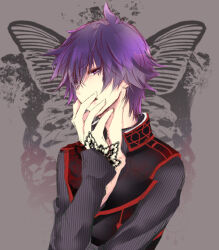 Rule 34 | 1boy, black jacket, bug, butterfly, grey background, hikage (kokuchou no psychedelica), houkiri nemu, insect, jacket, kokuchou no psychedelica, long sleeves, looking at viewer, male focus, mole, mole under eye, multicolored clothes, multicolored jacket, purple eyes, purple hair, red jacket, short hair, solo