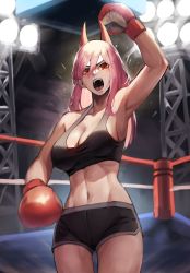 Rule 34 | + +, 1girl, abs, absurdres, alternate breast size, alternate costume, arm up, armpits, black shorts, black tank top, boxing gloves, boxing ring, breasts, chainsaw man, cleavage, commentary, cowboy shot, crop top, cross-shaped pupils, demon horns, dolphin shorts, hair between eyes, highres, horns, long hair, looking at viewer, medium breasts, midriff, navel, netural, open mouth, pink hair, power (chainsaw man), red eyes, short shorts, shorts, shouting, solo, stage lights, symbol-shaped pupils, tank top, teeth, toned, tsurime