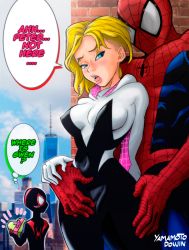 Rule 34 | 1girl, 2boys, age difference, artist name, blonde hair, blue eyes, blush, bodysuit, breasts, building, city, covered erect nipples, covered navel, crotch grab, day, english text, eyebrow piercing, groin, gwen stacy, highres, hood, hoodie, legs, looking back, marvel, mask, medium breasts, medium hair, miles morales, multiple boys, netorare, older man and younger girl, open mouth, outdoors, peter parker, piercing, speech bubble, spider-gwen, spider-man, spider-man: into the spider-verse, spider-man (series), spider-verse, standing, thighs, yamamoto doujin