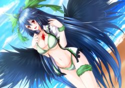 Rule 34 | 1girl, adapted costume, ahoge, bikini, black hair, black wings, blue sky, blush, bow, breasts, breasts squeezed together, cleavage, cloud, collarbone, day, female focus, frilled shirt, frills, g (genesis1556), gradient background, green bikini, hair bow, hands up, horizon, large breasts, large wings, long hair, navel, ocean, open clothes, open mouth, open shirt, perspective, red eyes, reiuji utsuho, sand, shirt, short sleeves, sky, slit pupils, smile, solo, stomach, swimsuit, thighs, third eye, toned, touhou, very long hair, wings