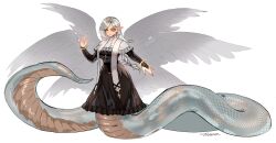 Rule 34 | 1girl, 4kkc, absurdres, black dress, borrowed character, bracelet, braid, breasts, bridal gauntlets, capelet, commentary, cross, cross necklace, dress, english commentary, expressionless, grey hair, hair behind ear, highres, jewelry, lamia, long hair, long pointy ears, long sleeves, looking at viewer, medium breasts, monster girl, multiple wings, necklace, orange eyes, original, pointy ears, signature, solo, white capelet, wings