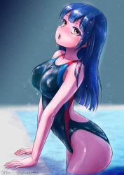 Rule 34 | 1girl, artist name, black hair, black one-piece swimsuit, breasts, brown eyes, chestnut mouth, commentary request, competition swimsuit, cowboy shot, dated, highres, long hair, medium breasts, one-piece swimsuit, original, pool, solo, swimsuit, ukikotatsu, water, wet, wet clothes, wet swimsuit