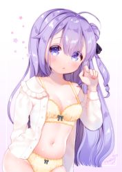 Rule 34 | 1girl, ahoge, azur lane, bad id, bad pixiv id, black ribbon, blush, bow, bow bra, bow panties, bra, breasts, closed mouth, collared shirt, commentary request, dress shirt, fingernails, gradient background, hair between eyes, hair bun, hair ribbon, hand up, long hair, long sleeves, maeha, navel, no pants, one side up, open clothes, open shirt, panties, purple background, purple eyes, purple hair, ribbon, shirt, side bun, signature, single hair bun, single side bun, small breasts, solo, underwear, unicorn (azur lane), very long hair, white background, white shirt, yellow bra, yellow panties
