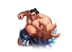 Rule 34 | black hair, clenched hand, clenched teeth, edmond honda, facial mark, fat, fat man, hair bun, highres, male focus, muscular, muscular male, official art, slapping, standing, street fighter, sumo, sweat, teeth, transparent background