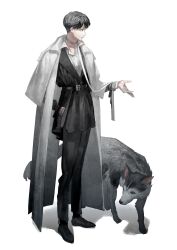 Rule 34 | 1boy, androgynous, animal, belt, black footwear, black jacket, black pants, black socks, character request, choker, cloak, dog, formal, full body, garam lee, hand in pocket, hand up, highres, jacket, korean commentary, long sleeves, looking ahead, male focus, omniscient reader&#039;s viewpoint, outstretched hand, pants, profile, shirt, shoes, short hair, simple background, socks, standing, white background, white cloak, white shirt, wolf