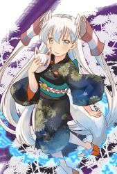 Rule 34 | 10s, 1girl, alternate costume, amatsukaze (kancolle), animal ears, bell, brown eyes, commentary, floral print, fox ears, fox mask, fox tail, hair tubes, highres, holding, holding mask, japanese clothes, jingle bell, kantai collection, kemonomimi mode, kimono, long hair, looking at viewer, mask, smile, solo, st31472591, tail, two side up, white hair