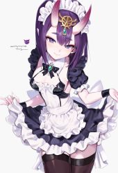 Rule 34 | 1girl, alternate costume, apron, black bow, black thighhighs, blush, bob cut, bow, breasts, brooch, closed mouth, curtsey, dated, detached collar, detached sleeves, fate/grand order, fate (series), freng, frilled apron, frilled skirt, frilled sleeves, frills, grey background, hair between eyes, headpiece, horns, jewelry, lips, looking at viewer, maid, oni, purple eyes, purple hair, short hair, short sleeves, shuten douji (fate), signature, simple background, skin-covered horns, skirt, small breasts, smile, solo, thighhighs, waist apron, white apron, zettai ryouiki
