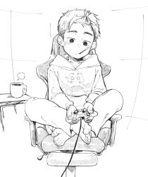 Rule 34 | 1boy, barefoot, chair, coffee, commentary, dated commentary, discord, feet, greyscale, highres, holding, indoors, looking at viewer, male focus, monochrome, original, simple background, sitting, sketch, solo, table, tetsutappuri