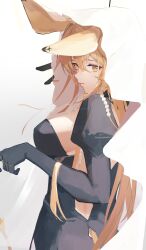 Rule 34 | 1girl, absurdres, animal ears, arknights, black dress, black gloves, blending, blonde hair, breasts, cleavage, clothing cutout, commentary, dorothy (arknights), dorothy (hand of destiny) (arknights), dress, ears down, elbow gloves, gloves, hair between eyes, hand up, highres, jewelry, juliet sleeves, large breasts, long hair, long sleeves, looking at viewer, mouse ears, mouse girl, multiple rings, necklace, nekomatamago, official alternate costume, pearl necklace, puffy sleeves, ring, simple background, solo, tail, tail through clothes, upper body, veil, white veil, yellow eyes