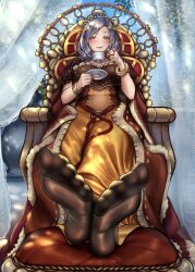 Rule 34 | 1girl, absurdres, barefoot, blush, bracelet, commission, cup, duel monster, feet, foot focus, highres, holding, holding cup, holding plate, jewelry, long hair, looking at viewer, madolche queen tiaramisu, nikishiko, pantyhose, parted lips, plate, purple eyes, ring, sitting, smile, soles, sweat, teacup, throne, toes, yu-gi-oh!