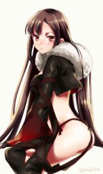 Rule 34 | 1girl, arm strap, ass, black dress, black gloves, black jacket, blush, breasts, brown eyes, brown hair, center opening, choker, cropped jacket, dress, earrings, elbow gloves, fate/grand order, fate (series), fur-trimmed jacket, fur trim, gloves, jacket, jewelry, long hair, looking at viewer, medium breasts, multiple earrings, navel, open clothes, open jacket, ribbon-trimmed dress, seeds328, sitting, solo, thighs, very long hair, yu mei-ren (fate)