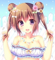 Rule 34 | 1girl, bare shoulders, bikini, blush, bow, bracelet, breasts, brown hair, cleavage, close-up, collarbone, detached sleeves, double bun, eyebrows, eyes visible through hair, fingernails, flower, flower on head, frilled bikini, frilled swimsuit, frills, hair between eyes, hair bow, hair bun, hair flower, hair ornament, happy, holding, holding own hair, jewelry, looking at viewer, loose bikini, nail polish, necklace, open mouth, original, portrait, purple eyes, ribbon, short hair, simple background, smile, solo, strap slip, suzukawa yui, swimsuit, twintails, upper body, white bikini