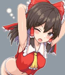 Rule 34 | 1girl, armpits, ascot, ass, bow, brown eyes, brown hair, butt crack, commentary, frilled bow, frilled hair tubes, frills, hair bow, hair tubes, hakurei reimu, looking at viewer, navel, no pants, one eye closed, panties, pixel art, red bow, sleeveless, solo, stretching, touhou, underwear, upper body, waking up, white panties, zou eita