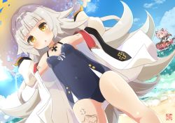 Rule 34 | 2girls, :o, ahoge, alternate costume, arms up, azur lane, bare shoulders, beach, black one-piece swimsuit, blue one-piece swimsuit, blue sky, blunt bangs, blush, breasts, brown eyes, casual one-piece swimsuit, cloud, cloudy sky, collarbone, commentary request, cross, day, dutch angle, foam, gloves, hair ornament, hands on headwear, hat, hyakka onibi, iron cross, jacket, long hair, long sleeves, looking at viewer, mole, mole under eye, multiple girls, ocean, one-piece swimsuit, open clothes, open jacket, orange gloves, outdoors, parted lips, pink hair, puffy long sleeves, puffy sleeves, ribbon, riding, sand, silver hair, sky, small breasts, solo focus, standing, straw hat, swimsuit, u-81 (azur lane), very long hair, water, waves, white jacket, white ribbon, z46 (azur lane), z46 (her first summer) (azur lane)