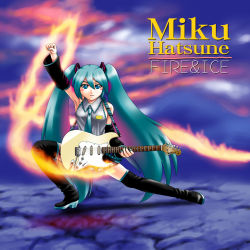 Rule 34 | album cover, aqua hair, azusa yukimasa, blue eyes, blush stickers, clenched hand, cover, detached sleeves, fire, guitar, hatsune miku, highres, instrument, parody, solo, thighhighs, twintails, vocaloid, yngwie malmsteen