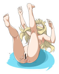 Rule 34 | 1girl, anus, barefoot, blonde hair, censored, completely nude, falling, feet, flat chest, glasses, kneepits, long hair, nipples, nude, perrine h. clostermann, pussy, pussy juice, soap, solo, strike witches, world witches series, youkan
