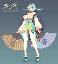 Rule 34 | 10s, 1girl, bare shoulders, blade &amp; soul, blue eyes, blue hair, blush, bow, breasts, cleavage, company name, copyright name, curvy, detached sleeves, facing viewer, female focus, folding fan, full body, gradient background, hair bow, hand fan, holding, jin (blade &amp; soul), julia (blade &amp; soul), kim hyung tae, korean clothes, large breasts, legs, long legs, looking at viewer, matching hair/eyes, no bra, open mouth, panties, panty peek, pigeon-toed, platform footwear, revealing clothes, short hair, simple background, solo, standing, strapless, tassel, thighhighs, underwear, white thighhighs, wide hips