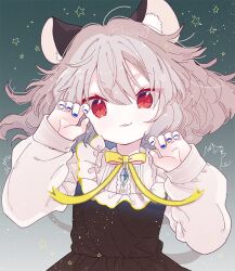 Rule 34 | 1girl, :3, animal ears, biyon, black dress, blue nails, commentary request, dress, grey hair, hands up, long sleeves, looking at viewer, medium hair, mouse (animal), mouse ears, mouse girl, mouse tail, nail polish, nazrin, neck ribbon, open mouth, red eyes, ribbon, shirt, smile, solo, star (symbol), tail, touhou, twitter username, upper body, white shirt, yellow ribbon