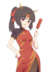 Rule 34 | 1girl, :d, black pantyhose, blush, breasts, brown hair, china dress, chinese clothes, commission, cowboy shot, dango, diadem, dot nose, dress, food, furrowed brow, hand on own hip, highres, holding, holding food, long bangs, long hair, looking at viewer, open mouth, original, pantyhose, parted bangs, short ponytail, short sleeves, side slit, sidelocks, simple background, skeb commission, small breasts, smile, solo, thighs, tyakomes, wagashi, white background