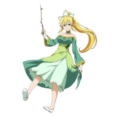 Rule 34 | 10s, 1girl, bare shoulders, blonde hair, collarbone, dress, full body, green dress, green eyes, hair ornament, highres, holding, leafa, long hair, looking at viewer, official art, pointy ears, ponytail, simple background, smile, solo, sword art online, sword art online: code register, white background
