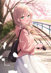Rule 34 | 1girl, absurdres, backpack, bag, blush, braid, bush, camera, cherry blossoms, commentary, cowboy shot, day, fence, grass, green eyes, hair over shoulder, highres, holding, holding bag, holding camera, hood, hooded sweater, light brown hair, long sleeevs, looking at viewer, open mouth, original, outdoors, pink sweater, river, senri (senri sen), sidelocks, skirt, smile, solo, standing, sweater, symbol-only commentary, tree, twin braids, viewfinder, white skirt