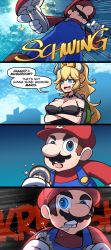 Rule 34 | 1boy, 1girl, 4koma, :d, absurdres, armlet, blonde hair, blue eyes, bowsette, brown hair, carillus, comic, commentary, eating, english commentary, english text, facial hair, fangs, gloves, highres, horns, laughing, long hair, mario, mario (series), merryweather, mushroom, mustache, new super mario bros. u deluxe, nintendo, open mouth, overalls, ponytail, red headwear, red shirt, shirt, smile, smug, sound effects, speech bubble, spiked armlet, super crown, thick eyebrows, white gloves