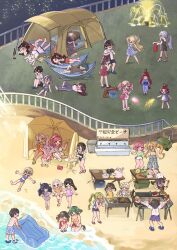 Rule 34 | 1boy, 6+girls, aijou rentarou, baio rin, beach, beach umbrella, bonnouji momoha, bottle, bucket, cooking, dei matsuri, drinking fountain, eiai nano, fire extinguisher, fireworks, grilling, hammock, hanazono hahari, hanazono hakari, haraga kurumi, hifumi suu, highres, iin chiyo, inda karane, inflatable raft, kaho eira, kakure meme, kedarui aashii, kimi no koto ga dai dai dai dai daisuki na 100-nin no kanojo, light rays, meido mai, meido mei, momi momiji, multiple girls, multiple views, nakaji uto, nekonari tama, oyomidtarumi, railing, saiki himeka, sake bottle, sky, star (sky), starry sky, stuffed animal, stuffed rabbit, stuffed toy, sunbeam, sunlight, sutou iku, swimsuit, table, tent, torotoro kishika, trash can, umbrella, usami shiina, utsukushisugi mimimi, yakuzen kusuri, yakuzen yaku, yamato nadeshiko (100kanojo), yasashiki yamame, yoshimoto shizuka, zetsubouda meru