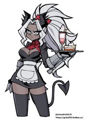 Rule 34 | 1girl, absurdres, alternate costume, apron, ascot, big hair, black horns, black tail, black thighhighs, bow, breasts, cake, cake slice, clawed gauntlets, cleavage, colored skin, commentary, cowboy shot, dark-skinned female, dark skin, demon girl, demon horns, demon tail, english commentary, enmaided, fanbox username, food, grey skin, grizz, hair bow, hair ribbon, helltaker, highres, holding, holding tray, horns, judgement (helltaker), large breasts, long hair, maid, maid apron, metal gloves, parfait, ponytail, red ascot, red bow, red ribbon, ribbon, shrug (clothing), skirt, skirt set, solo, spiked horns, tail, thighhighs, tray, twitter username, white background, white eyes, white hair