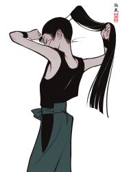 Rule 34 | 1boy, absurdres, black hair, black shirt, blunt ends, commentary, cowboy shot, from behind, green pants, hair lift, hair tubes, hands up, high ponytail, highres, hip vent, ine (zx o4), japanese clothes, long hair, looking down, male focus, pants, ponytail, rakudai ninja rantarou, shirt, simple background, sleeveless, sleeveless shirt, solo, straight hair, tachibana senzou, very long hair, white background, wristband