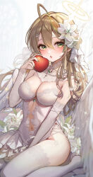 Rule 34 | 1girl, absurdres, ahoge, apple, armlet, blush, breasts, brown hair, center opening, commentary, detached collar, detached sleeves, dress, english commentary, flower, food, fruit, gem, green eyes, hair flower, hair ornament, halo, highres, holding, holding food, holding fruit, jewelry, kudou (sikisiki0000), lace, lace-trimmed dress, lace-trimmed legwear, lace-trimmed sleeves, lace trim, large breasts, long hair, navel, necklace, open mouth, original, pearl necklace, solo, thighhighs, white dress, white flower, white thighhighs