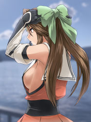 Rule 34 | 1girl, absurdres, akito (sub707), blue sky, blurry, bow, breasts, brown eyes, brown hair, cloud, commentary request, day, depth of field, detached sleeves, elbow gloves, forehead protector, from behind, gloves, green bow, hair bow, hair intakes, half updo, highres, jintsuu (kancolle), jintsuu kai ni (kancolle), kantai collection, long hair, no bra, orange serafuku, outdoors, pleated skirt, school uniform, serafuku, sideboob, skirt, sky, solo, upper body