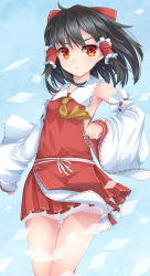 Rule 34 | 1girl, ahoge, black hair, bow, closed mouth, commentary request, detached sleeves, hair bow, hair tubes, hakurei reimu, highres, long hair, long sleeves, looking at viewer, pleated skirt, red bow, red eyes, red shirt, red skirt, ribbon-trimmed sleeves, ribbon trim, see-through, shirt, skirt, sleeveless, sleeveless shirt, sleeves past wrists, solo, thigh gap, touhou, uumaru, v-shaped eyebrows, white sleeves, wide sleeves
