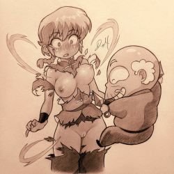 Rule 34 | 1boy, 1girl, age difference, air slash, bald, blush, breasts, cleft of venus, damumaximus, facial hair, functionally nude, genderswap, happosai, highres, medium breasts, monochrome, mustache, nipples, old, old man, ponytail, pussy, ranma-chan, ranma 1/2, short hair, surprised, torn clothes