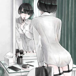 Rule 34 | 1girl, 7meill, applying makeup, artist name, ass, black hair, bob cut, breasts, bridal garter, buttons, cellphone, collared shirt, commentary, curtains, desk, dress shirt, from behind, green eyes, hair over eyes, head tilt, highres, indoors, lipstick, looking at mirror, makeup, makeup brush, mirror, nail polish, naked shirt, original, phone, red nails, shirt, short hair, signature, small breasts, smartphone, solo, standing, tissue box, white shirt