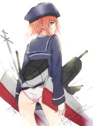 Rule 34 | 10s, 1girl, artist name, ass, dated, hat, highres, kantai collection, long sleeves, looking at viewer, looking back, magai akashi, panties, pink panties, purple panties, school uniform, serafuku, skirt caught on object, solo, underwear, z3 max schultz (kancolle)