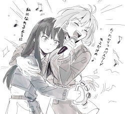 Rule 34 | 2girls, blush, closed eyes, closed mouth, commentary, eighth note, greyscale, hand on another&#039;s shoulder, head on chest, highres, holding, holding microphone, inoue takina, instrument, karaoke, koyomania, long hair, long sleeves, lycoris recoil, lycoris uniform, medium hair, microphone, monochrome, multiple girls, music, musical note, nishikigi chisato, open mouth, singing, smile, sparkle, tambourine, translation request, yuri