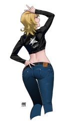 Rule 34 | 1girl, artist logo, ass, black shirt, blonde hair, blue pants, cropped legs, cropped shirt, dated, denim, dimples of venus, double v, fatzhai, from behind, highres, jeans, looking back, medium hair, mole, mole under mouth, mullet, original, pants, shirt, solo, v