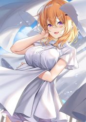 Rule 34 | 1girl, :d, aged up, alternate breast size, arm under breasts, bare arms, blush, breasts, commentary, dress, gochuumon wa usagi desu ka?, hair between eyes, hair ornament, hairclip, hand on own cheek, hand on own face, highres, hoto cocoa, ks (xephyrks), large breasts, looking at viewer, medium hair, open mouth, orange hair, purple eyes, see-through silhouette, short sleeves, smile, solo, white dress, wind, wing collar