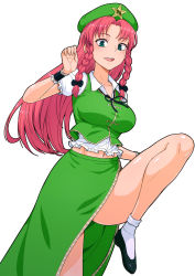 Rule 34 | 1girl, aqua eyes, beret, black footwear, bow, braid, breasts, chinese clothes, collarbone, green hat, hair bow, hat, highres, hong meiling, kakone, leg up, long hair, looking at viewer, midriff peek, navel, neck ribbon, oekaki, open mouth, red hair, ribbon, shoes, short sleeves, simple background, skirt, socks, solo, star (symbol), touhou, twin braids, white background, white socks, wrist cuffs