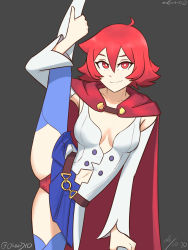 Rule 34 | 1girl, belt, blue thighhighs, breasts, breasts apart, brown belt, cameltoe, cape, clothing cutout, detached sleeves, diooksan, grey background, hair between eyes, highres, little witch academia, looking at viewer, medium breasts, navel cutout, oksandio, panties, red cape, red eyes, red hair, red panties, shiny chariot, short hair, signature, smile, solo, split, standing, standing on one leg, standing split, thighhighs, underwear