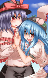 Rule 34 | 2girls, ;d, ascot, bad id, bad pixiv id, black hat, blue hair, blush, bow, breasts, capelet, cowboy shot, dress shirt, fingers together, food, frills, fruit, galerie, hat, hat bow, hat ribbon, highres, hinanawi tenshi, huge breasts, leaf, long sleeves, looking at viewer, multiple girls, nagae iku, one eye closed, open mouth, peach, puffy short sleeves, puffy sleeves, purple hair, red bow, red eyes, red ribbon, ribbon, shawl, shirt, short sleeves, smile, sweat, taut clothes, touhou, white shirt