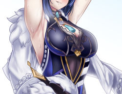 Rule 34 | 1girl, arm up, armpits, black leotard, blue hair, blue leotard, breasts, cleavage, clenched teeth, close-up, dice, fur-trimmed jacket, fur trim, genshin impact, highres, jacket, jewelry, large breasts, leotard, mea (manami030), necklace, short hair, simple background, smile, solo, sweat, sweatdrop, teeth, white background, white jacket, yelan (genshin impact)