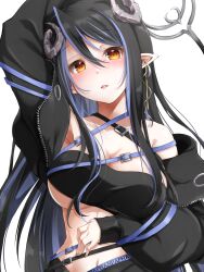 Rule 34 | 1girl, arm up, armpits, bandeau, belt, black bandeau, black belt, black hair, black jacket, blue belt, blue hair, blush, breasts, brown eyes, chest belt, cleavage, commentary request, curled horns, demon girl, demon horns, demon tail, fuyuno taka, grey horns, hair between eyes, hebiyoi tier, hebiyoi tier (1st costume), highres, horns, jacket, large breasts, long hair, looking at viewer, multicolored hair, nanashi inc., navel, off shoulder, open mouth, pointy ears, simple background, smile, solo, sugar lyric, tail, transparent background, two-tone hair, underboob, upper body, virtual youtuber