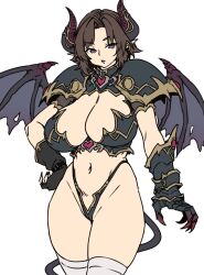 Rule 34 | 1girl, 2024, arm armor, armor, black armor, black gloves, black panties, breasts, brown hair, chest armor, claws, cleavage, demon girl, demon horns, demon tail, demon wings, fingerless gloves, gauntlets, gloves, hand on own hip, highleg, highleg panties, horns, houtengeki, huge breasts, large breasts, navel, original, panties, pointy ears, purple eyes, revealing clothes, short hair, shoulder armor, shrug (clothing), simple background, solo, standing, tail, thighhighs, thong, underwear, white background, white thighhighs, wings