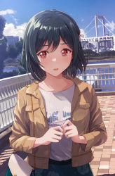 Rule 34 | 1girl, bag, blue sky, blush, bridge, brown jacket, casual, cityscape, clothes writing, dated, day, fang, floral print, green skirt, hair ribbon, handbag, jacket, long sleeves, looking at viewer, love live!, love live! nijigasaki high school idol club, mifune shioriko, open clothes, open jacket, open mouth, outdoors, own hands together, print skirt, railing, red eyes, ribbon, river, shamakho, shirt, short hair, shoulder bag, signature, skirt, sky, solo, unbuttoned, white ribbon, white shirt