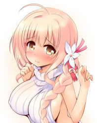 Rule 34 | 1girl, ahoge, backless outfit, bare shoulders, blonde hair, blush, braid, breasts, brown eyes, closed mouth, copyright request, covered erect nipples, flower, hair between eyes, hair flower, hair ornament, hands up, highres, large breasts, light brown hair, long hair, looking at viewer, meme attire, naked sweater, ribbed sweater, side braid, sideboob, solo, sweater, turtleneck, turtleneck sweater, upper body, virgin killer sweater, white flower, white sweater, yuu (yumezakura)