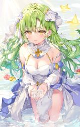 Rule 34 | 1girl, bare shoulders, braid, breasts, check copyright, cleavage, collarbone, commentary request, copyright request, cupping hands, detached collar, detached sleeves, dress, earrings, flower, green hair, hair ornament, highres, jewelry, large breasts, long hair, long sleeves, looking at viewer, momoko (momopoco), open mouth, original, own hands together, pelvic curtain, red flower, ribbon, smile, solo, star (symbol), thighs, wading, water, wet, white dress, white ribbon, yellow eyes