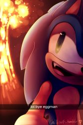 Rule 34 | 1boy, animal ears, artist name, backlighting, blue hair, english text, explosion, fang, furry, furry male, gloves, green eyes, happy, heart, looking at viewer, male focus, open mouth, outstretched arm, selfie, sideways mouth, smile, snapchat, solo, sonic (series), sonic the hedgehog, spacecolonie, teeth, tumblr username, white gloves