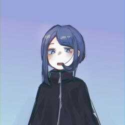 Rule 34 | 1other, annoyed, black cape, blue background, blue eyes, blue hair, cape, eating hair, gradient background, library of ruina, pale skin, porccu 200g, project moon, short hair, short hair with long locks, sidelocks, simple background, the bookhunter, zipper, zipper pull tab